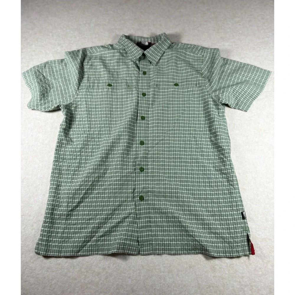The North Face Plaid Button Down Shirt Mens Large Green Short Sleeve